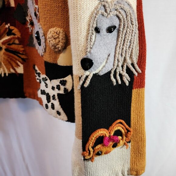 VINTAGE MICHAEL SIMON DOG EMBELLISHED CARDIGAN SWEATER, MULTI-COLOR, SIZE SMALL - Picture 10 of 15